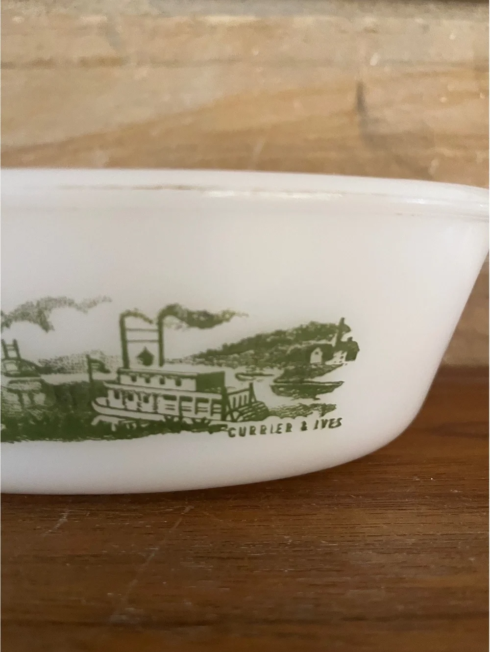 Vintage Currier & Ives Milk Glass Casserole Dish with Green Steamboat Design